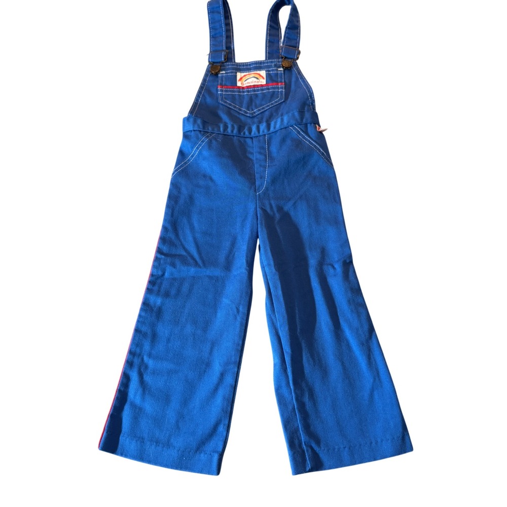 Vtg Garanimals Kids Overalls 3T Blue Rainbow Patch Wide Leg Red Stripe USA Retro